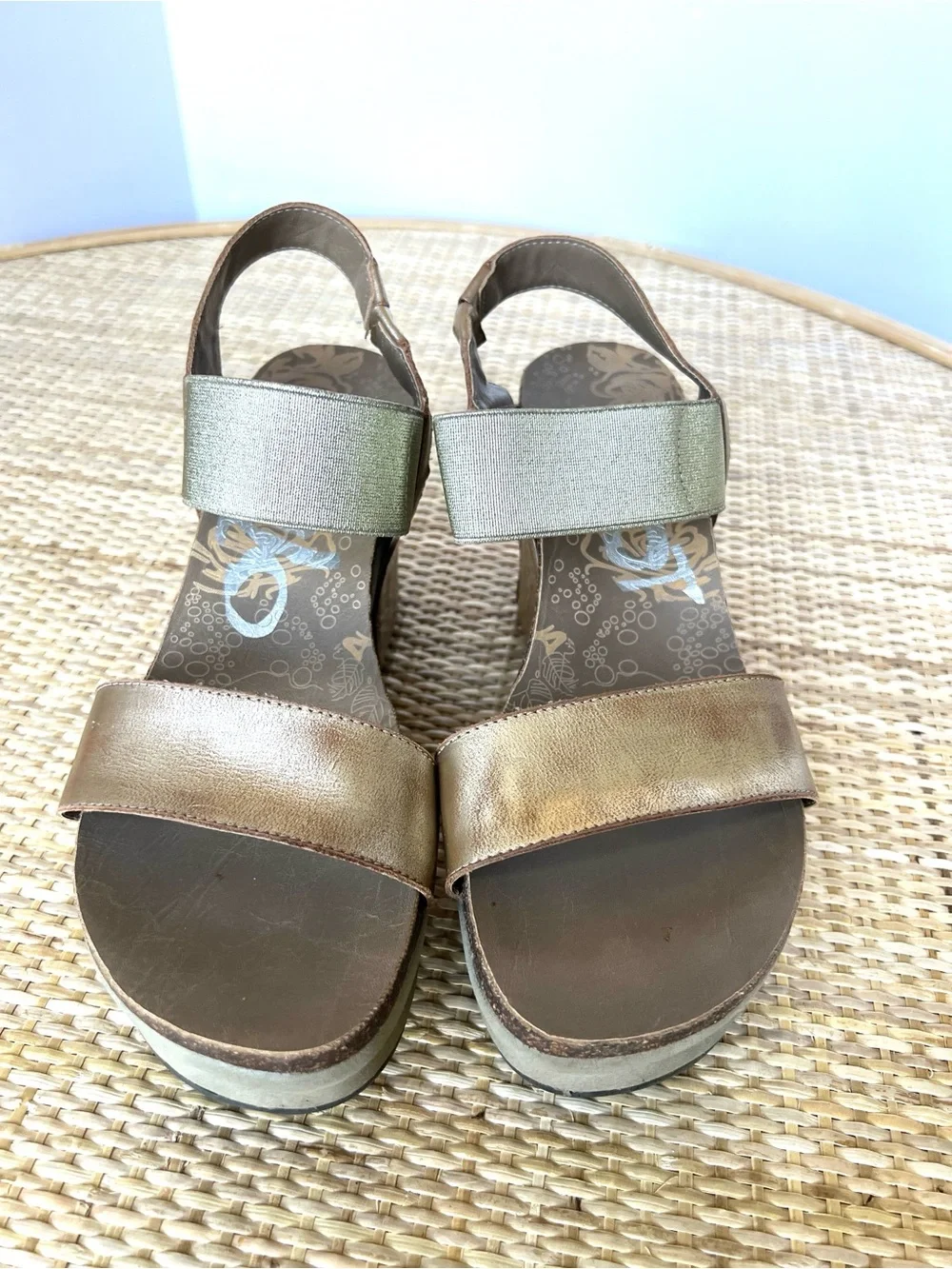 OTBT Bushnell wedge sandal metallic bronze platform sole leather/textile upper 9